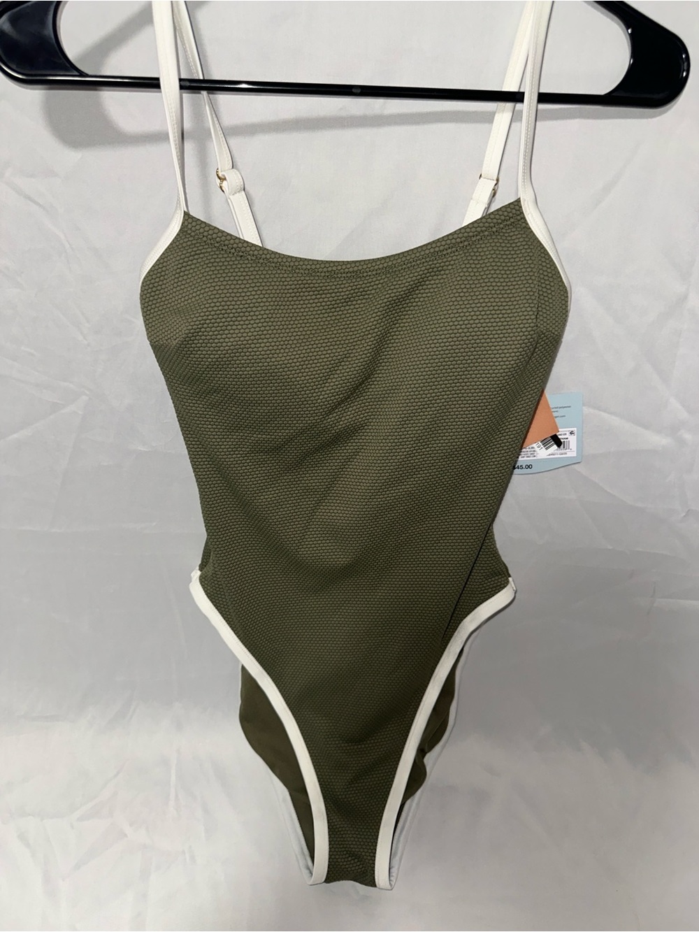 Olive Green One-Piece Swimsuit with White Trim